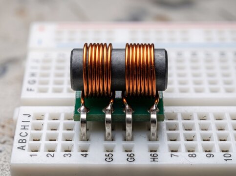 Dual winding common mode choke on breadboard for electromagnetic interference suppression.