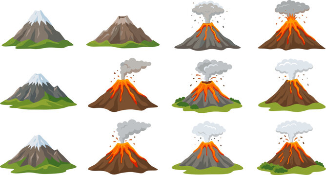 Set of various volcano icons with different eruption stages and mountain shapes