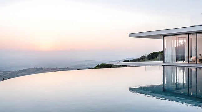Luxury Modern Minimalist Villa with Infinity Pool at Sunset Overlooking Scenic Valley and Hills, Contemporary Architecture Home with Large Glass Walls and Reflective Water at Golden Hour