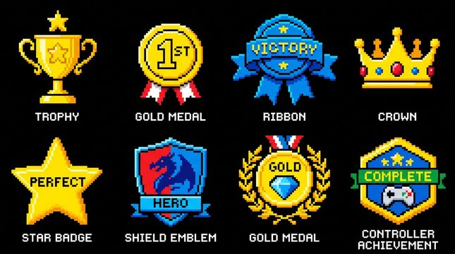 Retro Pixel Achievement Badge Medal Set 8 Bit Gaming Vector Icons