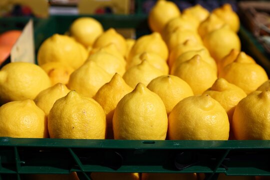 Lemon crate at a food market in Dortmund, Germany.