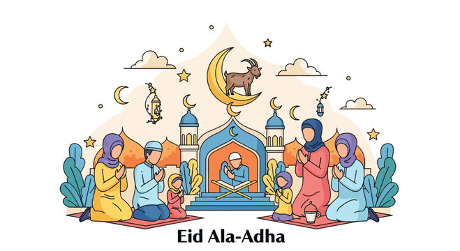 Muslim community celebrating Eid Al-Adha near a mosque.
