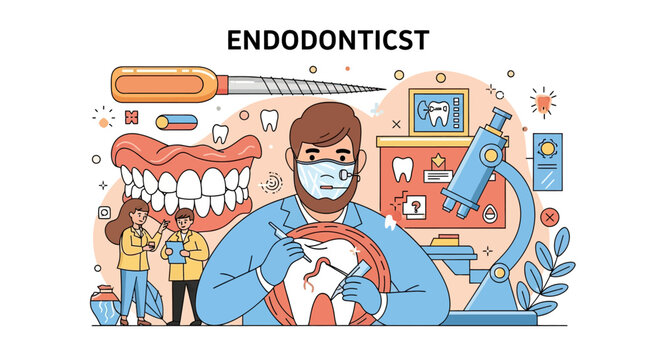 Endodontist dentist performing root canal treatment with microscope.