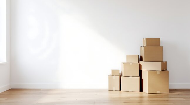 A neat stack of various sized brown cardboard boxes positioned against a clean white wall in an empty room with light wooden floors, symbolizing relocation, moving to a new home, or e-commerce.