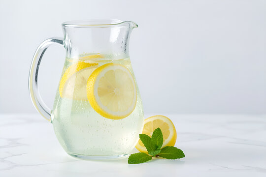 Studio-lit glass pitcher half-filled with lemon-infused water and condensation on marble countertop