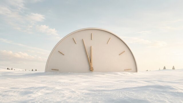 New Year countdown clock emerging from snowy landscape near midnight in bright winter light