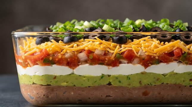 A delicious homemade 7 layer dip in a glass dish featuring beans, guacamole, sour cream, salsa, cheese, and olives.
