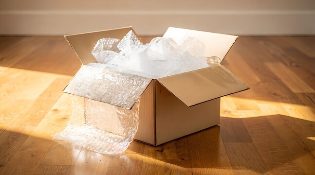 Open Cardboard Box Filled with Protective Plastic Bubble Wrap on a Sunlit Wooden Floor, Ideal for Concepts of Moving House, Shipping Fragile Goods, Unboxing, and Environmental Impact of Packaging.
