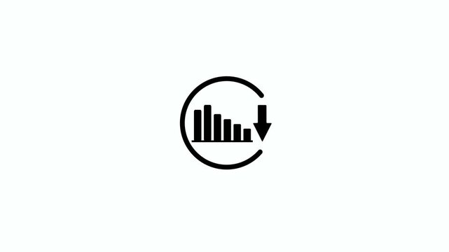 Business graph chart drop circle with down arrow moving animation on white background. Decreasing business graph and down arrow for business loss falling, bad economy recession concepts