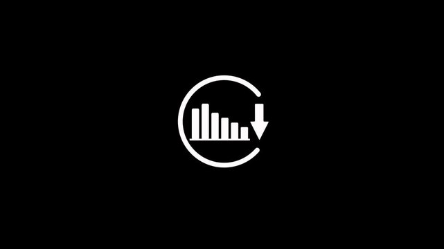 Business graph chart drop circle with down arrow moving animation on black background. Decreasing business graph and down arrow for business loss falling, bad economy recession concepts