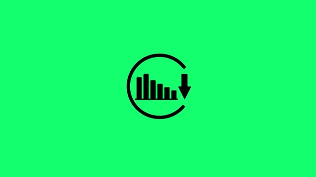 Business graph chart drop circle with down arrow moving animation on green background. Decreasing business graph and down arrow for business loss falling, bad economy recession concepts