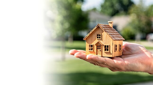 Close Up of a Hand Holding a Small Wooden House Model Outdoors with White Copy Space for Text, Representing Real Estate Investment, Property Mortgage, Home Ownership, and Residential Buying Concept