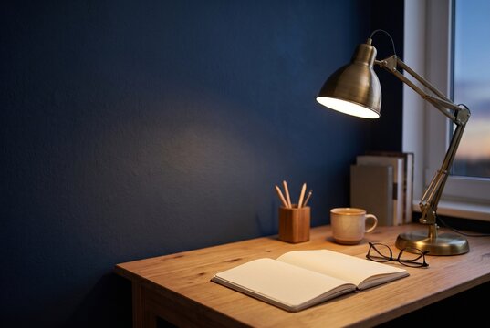 Evening workspace with lamp and blank notebook