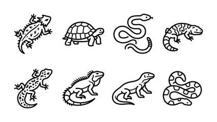 Fototapeta premium Reptile Icons Collection: A minimalist line art collection showcasing various reptiles, including a lizard, tortoise, snake, and salamander, presented as distinct icons.