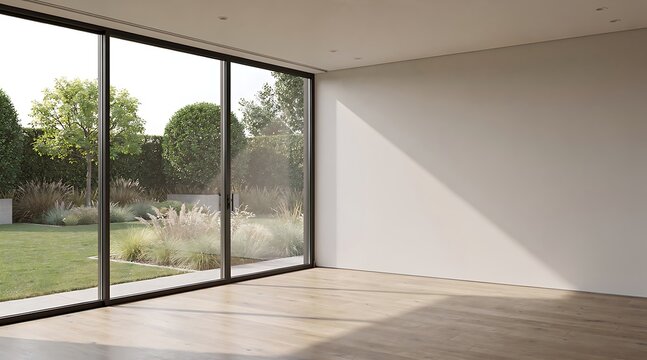 Minimalist empty room interior with light hardwood floors and large sliding glass doors overlooking a lush green garden, bright natural sunlight casting soft shadows on a clean white wall mockup.