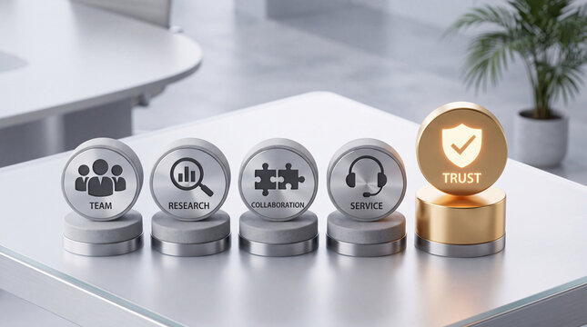 Corporate core values concept featuring pedestals for team, research, collaboration, and service with a glowing golden trust icon on a professional office desk.