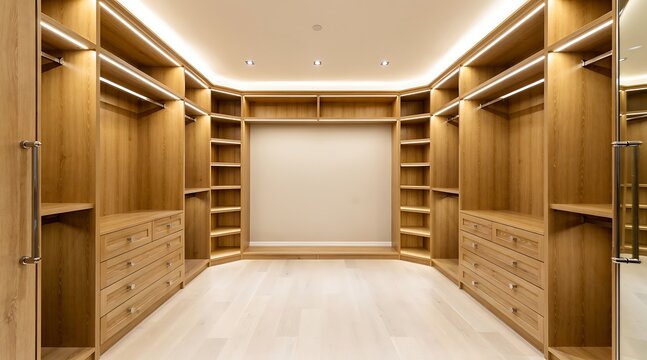 Luxurious Empty Walk-in Closet with Modern Light Oak Wooden Cabinets, Integrated LED Lighting, Spacious Storage Drawers, and Minimalist Interior Design for High-End Residential Real Estate