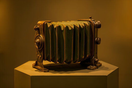 Restored leather bellows displayed on museum plinth with warm backlight