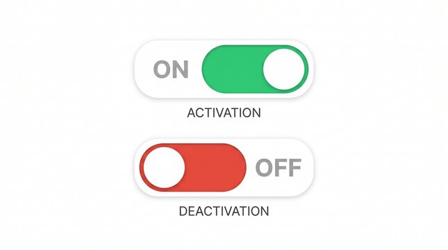 Green and red toggle switches labeled ON and OFF representing activation and deactivation in modern digital interface design