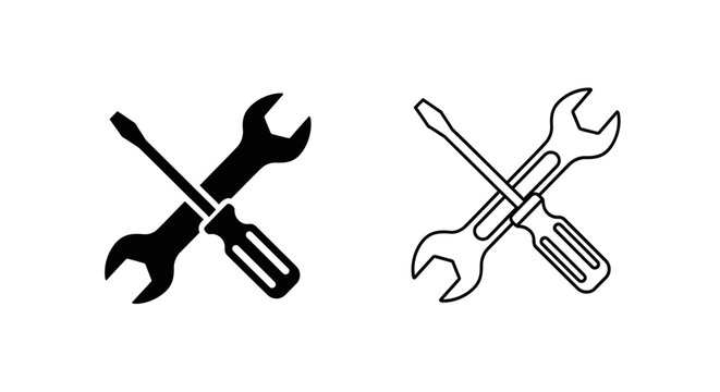 Two crossed wrenches depicted as a black silhouette and line drawing