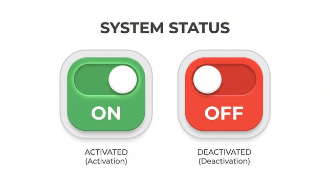 Green and red toggle switches labeled ON and OFF representing activation and deactivation in modern digital interface design