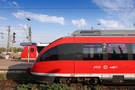 DORTMUND, GERMANY - SEPTEMBER 16, 2020: Deutsche Bahn passenger train (model: Bombardier Talent) at Hauptbahnhof station in Dortmund.