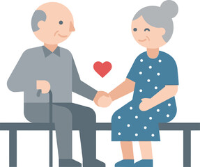 Fototapeta premium Illustration of a loving elderly couple, a senior man and woman, holding hands with a heart, symbolizing enduring love, companionship, and lifelong partnership
