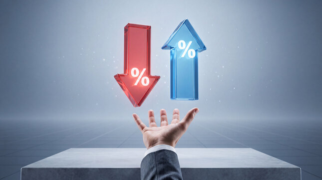 Businessman hand with floating red down and blue up percentage arrows, symbolizing financial interest rate fluctuations and economic market trends.