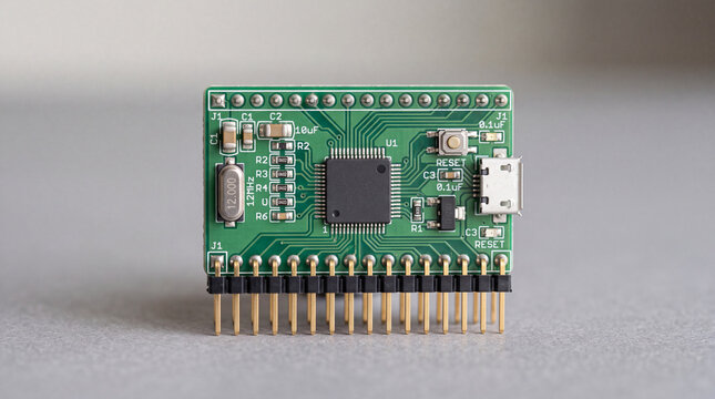 Green microcontroller development board module with pins usb connector and surface mount components