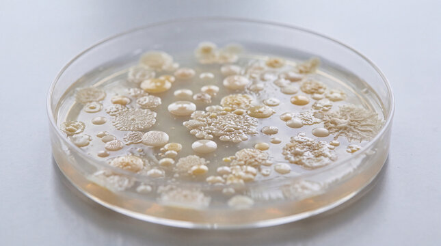 Bacterial colonies growing on agar petri dish close-up for microbiology research and laboratory study