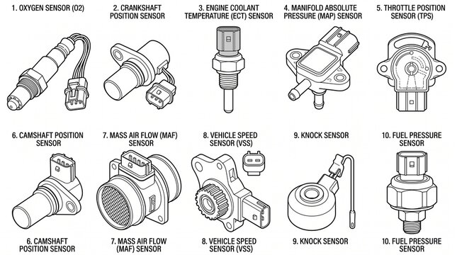 Ten detailed line drawings of automotive sensors showing connectors, threads, and flanges in precise technical illustration style.