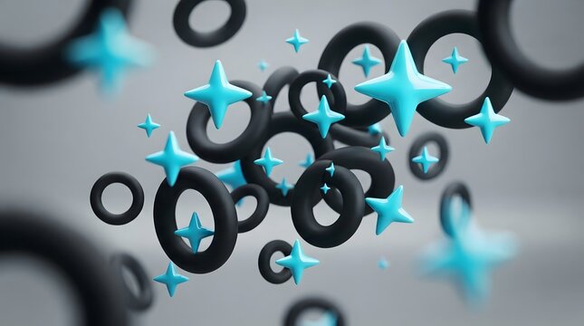 3d render of floating matte black torus rings and glossy cyan fourpointed stars on a soft grey background