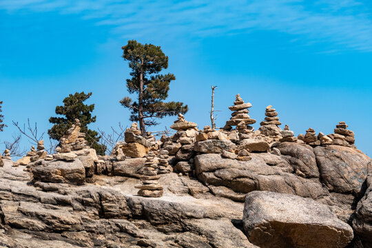 Stacked stone cairns on weathered rock formations, Seoraksan National Park, South Korea