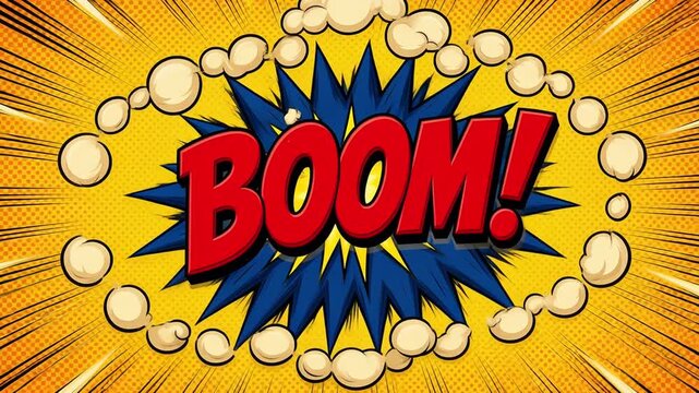 Comic style boom explosion text effect on yellow background with sunburst and clouds pop art illustration for creative design and posters