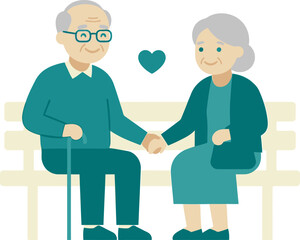 Obraz premium Happy elderly senior couple sitting on a park bench holding hands with a heart symbol showing love and lifelong relationship in flat illustration style
