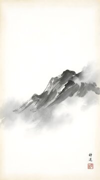 Minimalist traditional Asian ink wash mountain landscape painting.