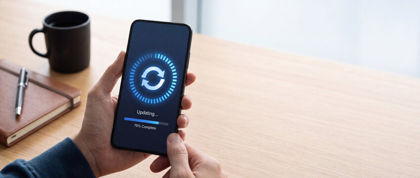 Person holding smartphone showing system software update progress on office desk with 78 percent completion and blue digital interface.