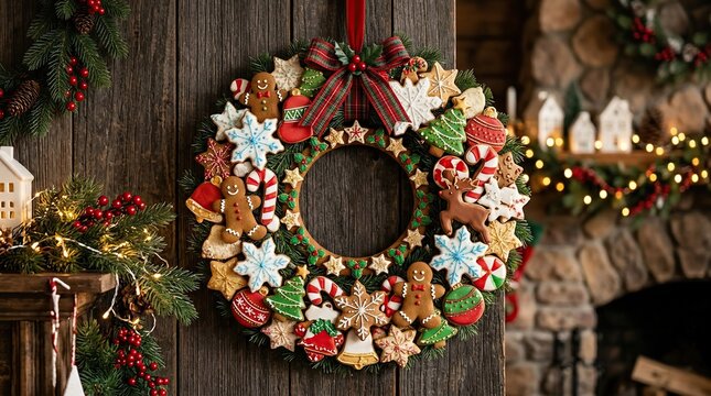 Christmas Wreath Made of Gingerbread Cookies and Festive Decorations