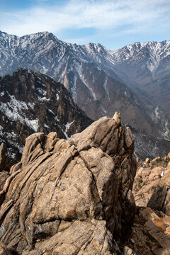 Majestic forested Rocky mountain Peaks in winter, Seoraksan National Park, South Korea
