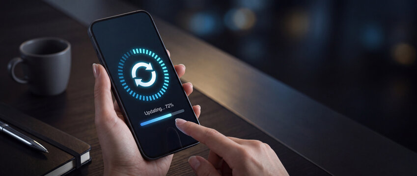 Close-up of hands holding a modern smartphone showing a system update or software installation progress bar with a circular loading icon on a dark office desk background.