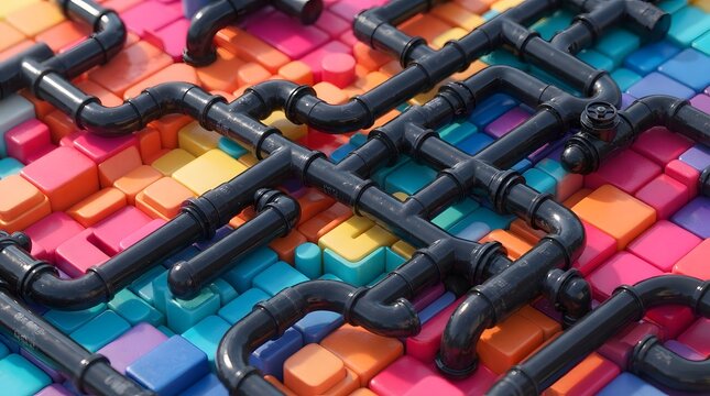 Abstract composition of black plastic pipes interconnected over a colorful grid of small square blocks, creative industrial design concept