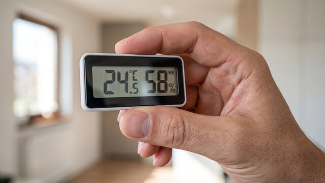 Close-up of a hand holding a digital room thermometer and hygrometer for monitoring indoor temperature and humidity in a contemporary home