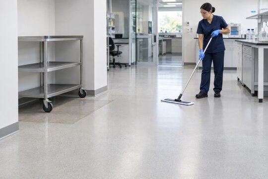 Lab worker mopping floor in modern laboratory