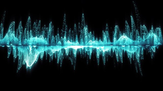 Futuristic blue digital data spectrum with sharp glowing peaks and reflection, robot voice visualization. Quantum supercomputer interface element for artificial intelligence displays