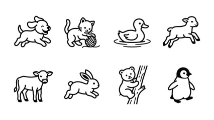 Obraz premium Cute Animal Icons: A collection of charming, hand-drawn line art icons depicting various animals, including a playful puppy, a kitten with yarn, a duck on water, a leaping lamb, a young calf.