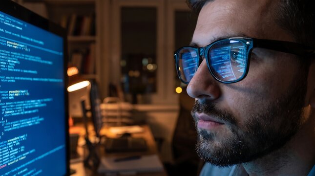 Programmer working late night with code reflecting on his glasses