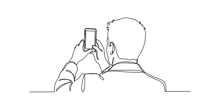 Man holding a mobile phone in a continuous single line drawing style