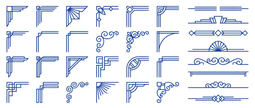 Premium set of art deco style corners and dividers collection of geometric border elements, linear frames, and elegant symmetrical designs for retro or modern graphic projects
