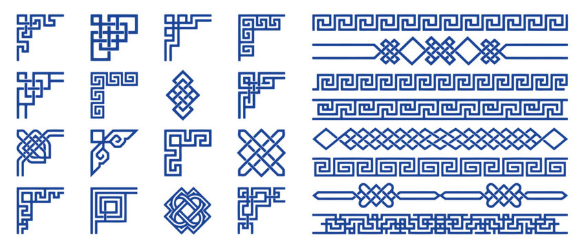 Premium collection of traditional chinese style corner and border patterns, intricate geometric meander frames, knot designs, and decorative linear dividers for cultural graphic projects
