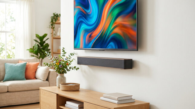 Soundbar mounted under television in a modern living room  